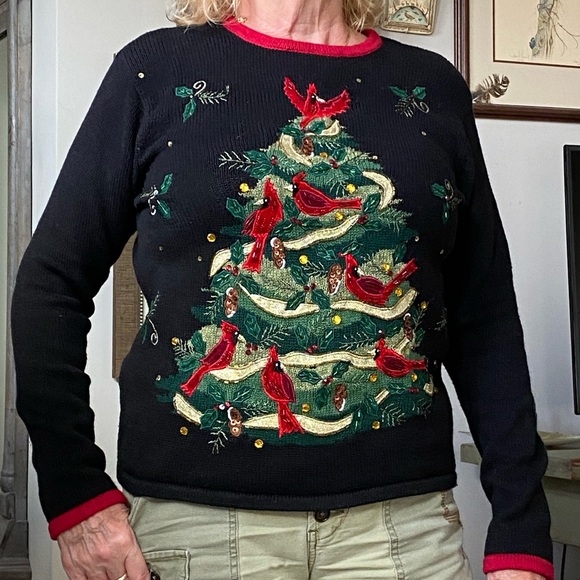 Beads Sequins Embroidery Cardinals Xmas Tree Ramie Cotton Sweater Tiara Int'l Lg - Picture 5 of 14